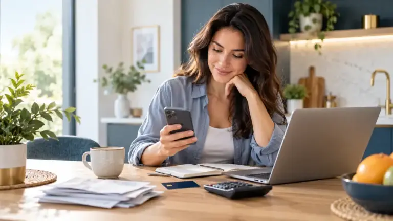Vrouw beheert haar persoonlijke financiën met laptop, smartphone en calculator voor Financieel Denkwerk.
